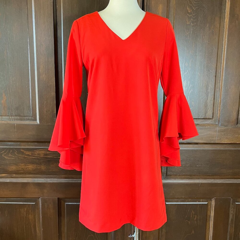 Catherine Malandrino Red Cocktail Dress Women's 4 Stretch V-Neck Bell Sleeves